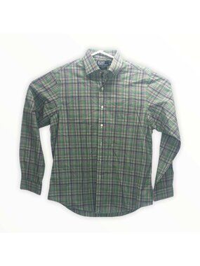 Polo Ralph Lauren Men Shirt L 16.5 Plaid Green Purple Pink Button-Up Long Sleeve